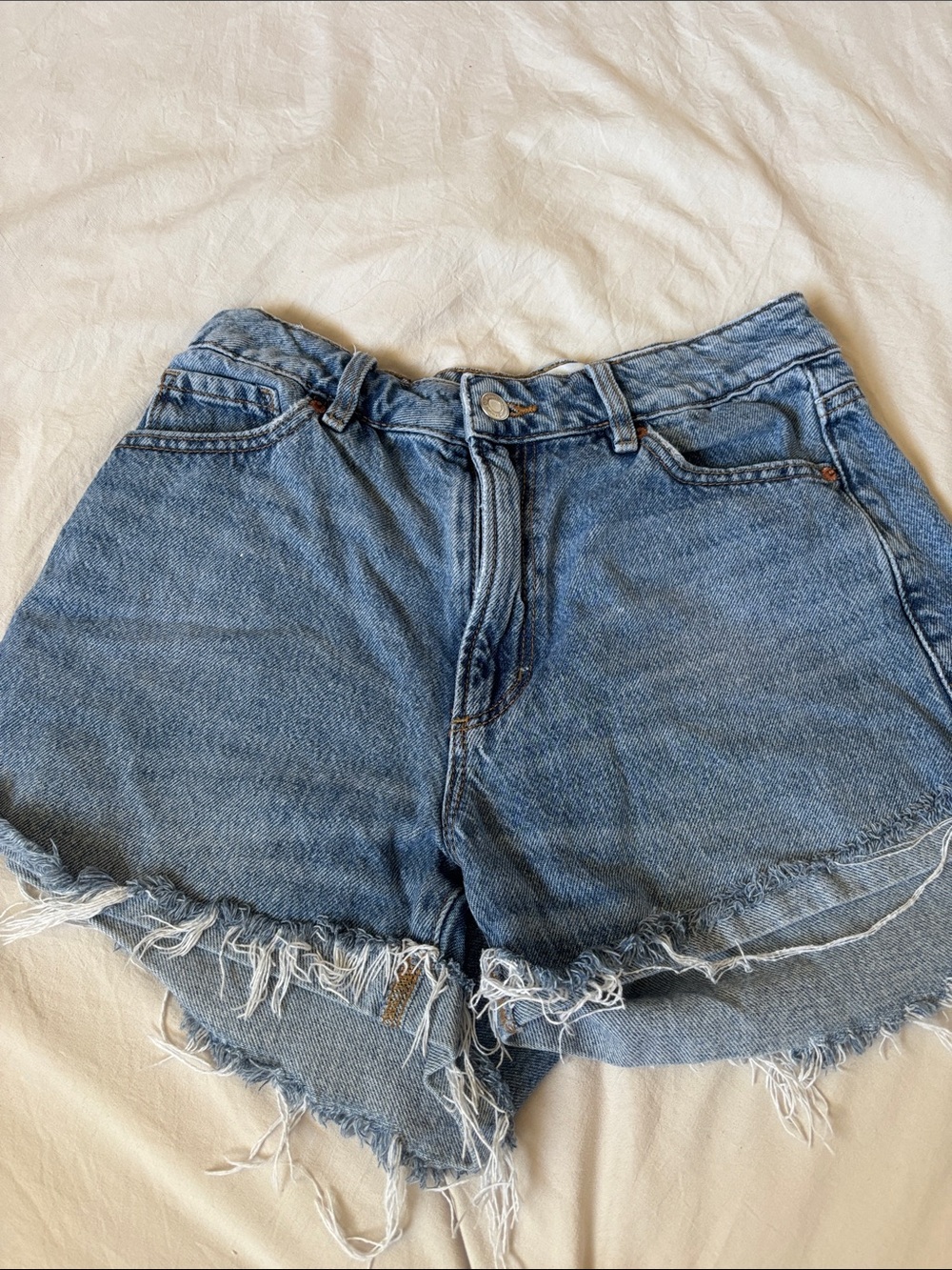 Dynamite Light Blue High-Rise Frayed Denim Shorts